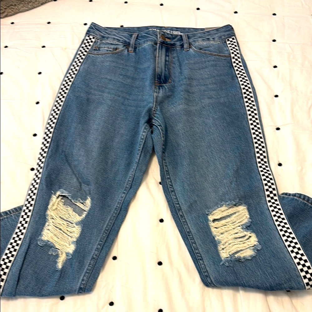 Blue Distressed Empyre Jeans with Checkered Stripe